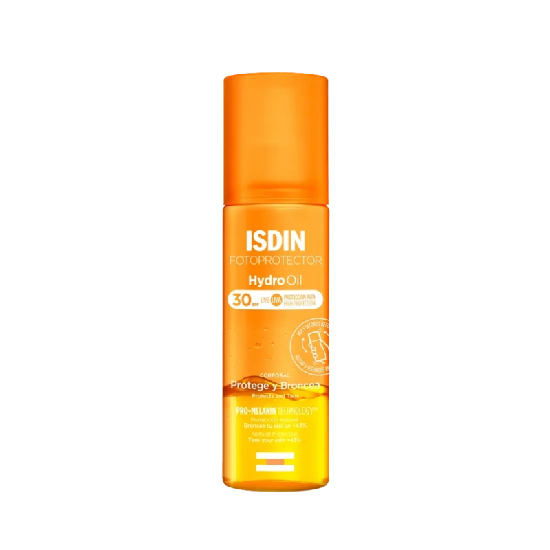 Envase del fotoprotector ISDIN Hydro Oil SPF 30, protector solar bifásico para potenciar el bronceado
