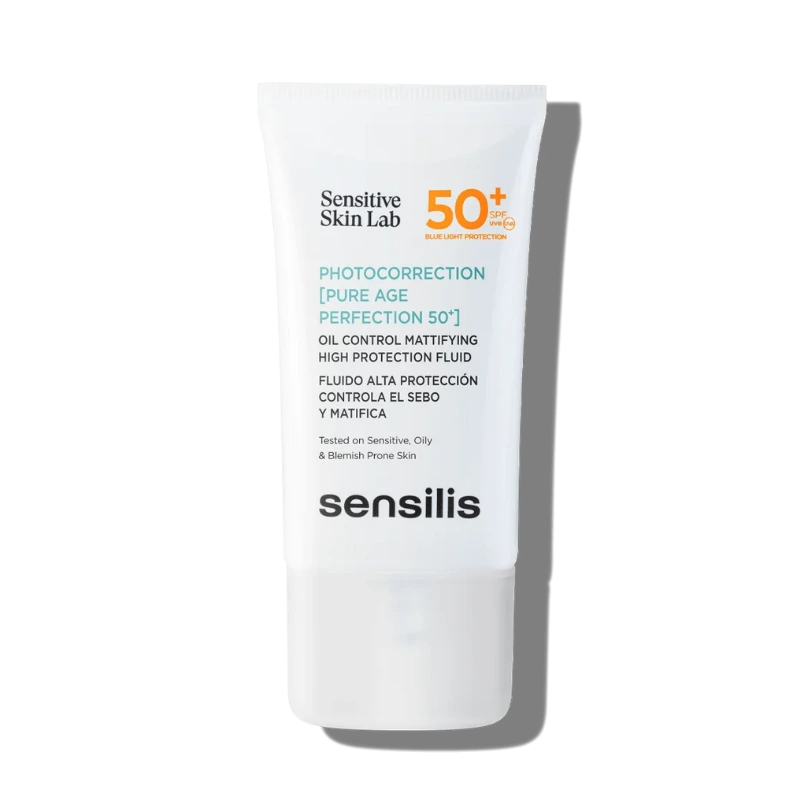 Protector solar Sensilis Photocorrection Pure Age Perfection 50+. Fluido facial matificante para piel sensible, grasa y con tendencia acneica.