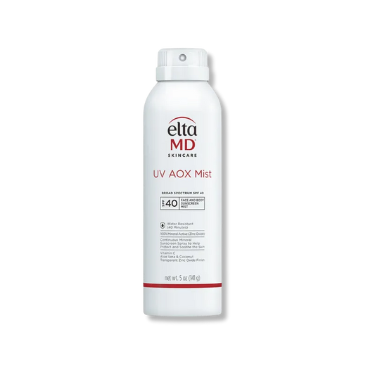 Aplicación 360 grados del spray solar EltaMD UV AOX Mist SPF 40 en cuerpo y espaldaEltaMD UV AOX Mist SPF 40 | Protector Solar Mineral Spray Antioxidante