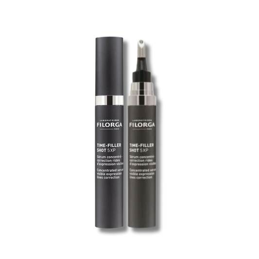 Envase del sérum Time-Filler 5XP de Filorga, tratamiento concentrado antiarrugas con textura gelTime-Filler Shot 5XP de Filorga