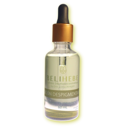 Loción Despigmentante Belihebe aplicada en rostro para tratar manchas oscuras y melasma con precisiónLoción Despigmentante Belihebe - Tratamiento Manchas con Hidroquinona 2%