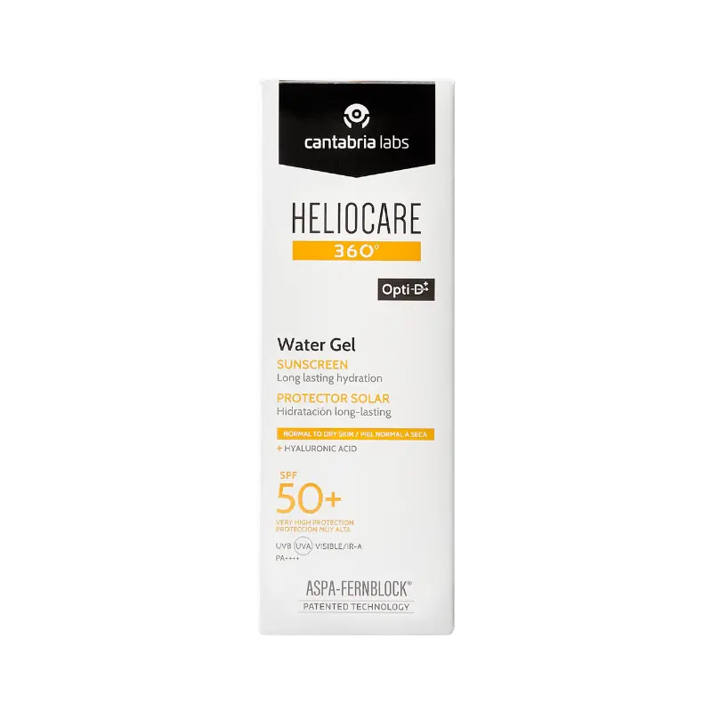 Protector solar facial Heliocare 360º Water Gel SPF 50+. Fotoprotección avanzada ultraligera e hidratante para pieles normales, secas y sensibles.