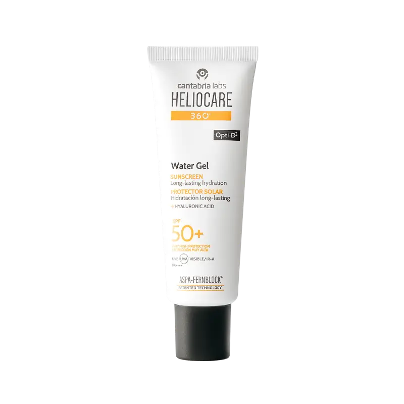 Protector solar facial Heliocare 360º Water Gel SPF 50+. Fotoprotección avanzada ultraligera e hidratante para pieles normales, secas y sensibles.