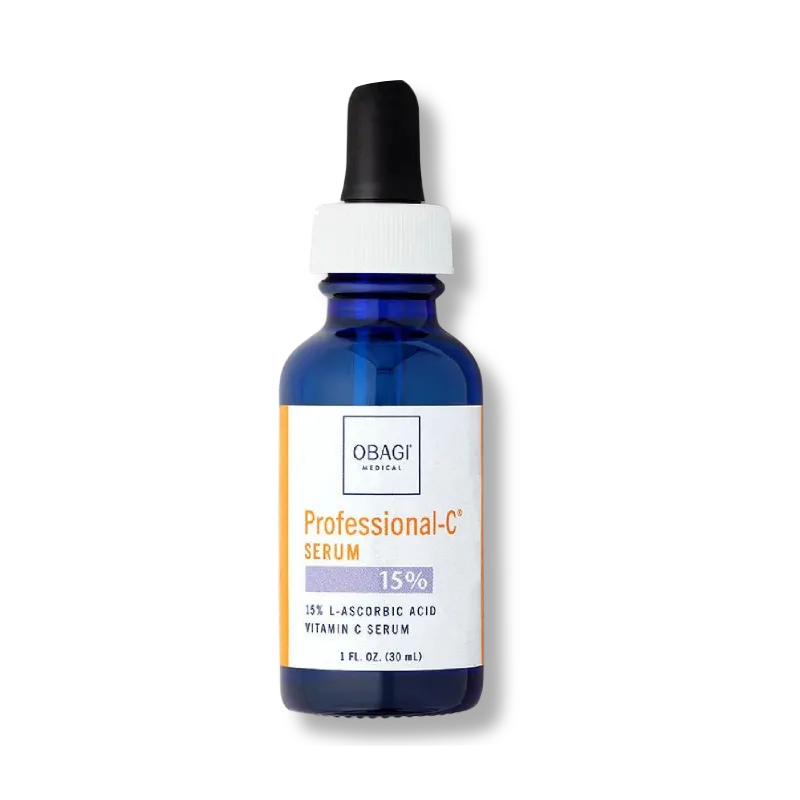 Mujer aplicando Obagi Professional-C Serum 15% con vitamina C pura para una piel más luminosa, uniforme y saludable
