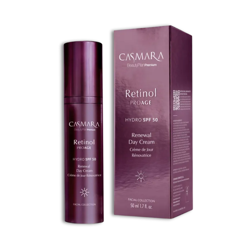 Crema antiedad de día Retinol PROAGE Renewal SPF 50 con retinol-V, vitamina C y ácido hialurónico para piel firme, luminosa y protegida.