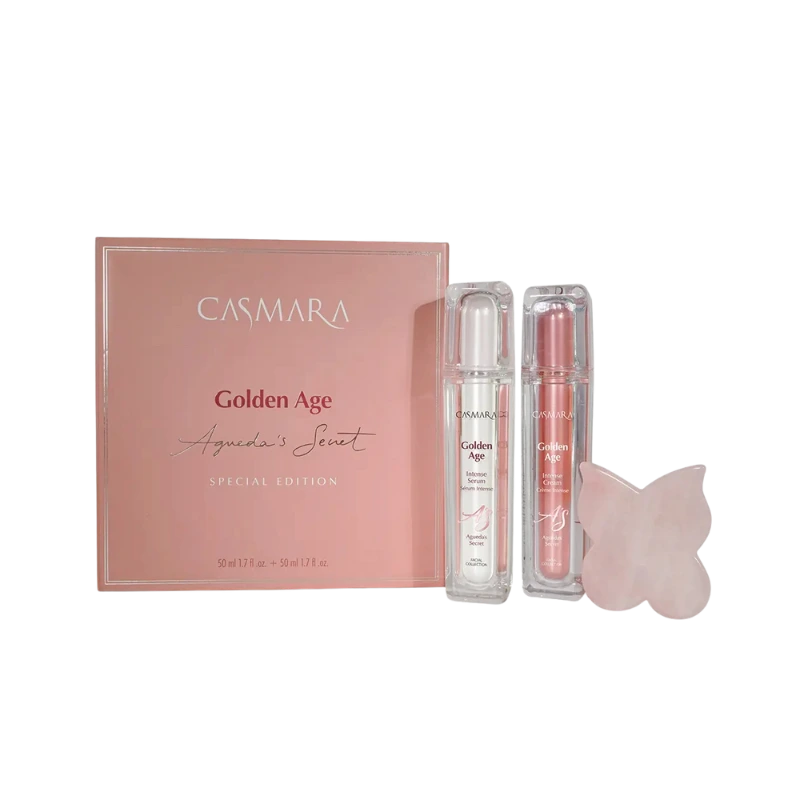 Cofre casmara Golden Age Limited Edition con sérum y crema; exosomas y Senolityc Tech para firmeza, elasticidad y luminosidad. Incluye Gua Sha.