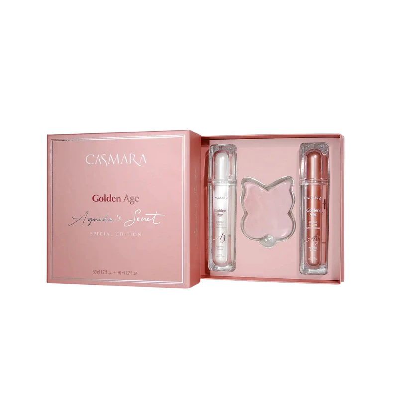 Cofre casmara Golden Age Limited Edition con sérum y crema; exosomas y Senolityc Tech para firmeza, elasticidad y luminosidad. Incluye Gua Sha.