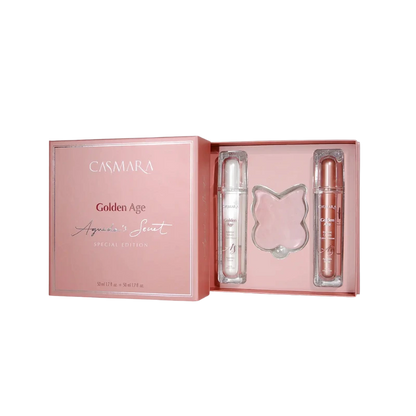 Cofre casmara Golden Age Limited Edition con sérum y crema; exosomas y Senolityc Tech para firmeza, elasticidad y luminosidad. Incluye Gua Sha.