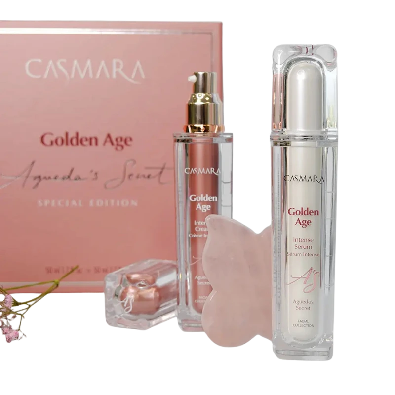 Cofre casmara Golden Age Limited Edition con sérum y crema; exosomas y Senolityc Tech para firmeza, elasticidad y luminosidad. Incluye Gua Sha.