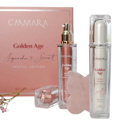 Cofre casmara Golden Age Limited Edition con sérum y crema; exosomas y Senolityc Tech para firmeza, elasticidad y luminosidad. Incluye Gua Sha.