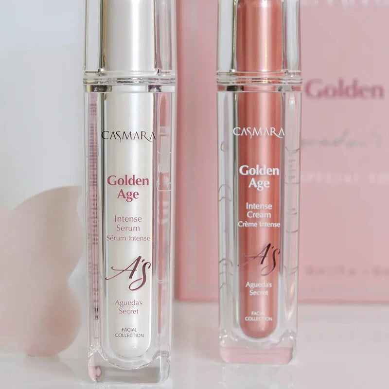 Cofre casmara Golden Age Limited Edition con sérum y crema; exosomas y Senolityc Tech para firmeza, elasticidad y luminosidad. Incluye Gua Sha.