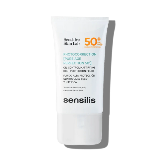 Protector solar Sensilis Photocorrection Pure Age Perfection 50+. Fluido facial matificante para piel sensible, grasa y con tendencia acneica.Sensilis Photocorrection Pure Age Perfection 50+ – Solar matificante
