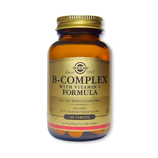 Solgar B-Complex con vitamina C suplemento complejo B para energía y sistema nervioso.Solgar B-Complex con Vitamina C – Complejo de Vitaminas B